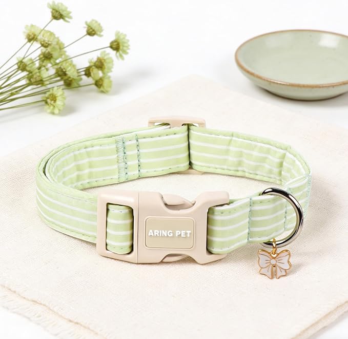 ARING PET Stripe Dog Collar, Cute Spring Summer Green Stripe Pet Collars with Bow Charm for Puppy Small Medium Large Boy Girl Dogs-S, for Daily Outdoor Walking Training