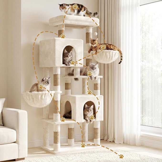 Heybly 68.1" Cat Tree with Oversized Top Platform & Wide Base HCT059MJ | Heavy Duty Cat Tower for Large Indoor Cats with 2 Condos, 2 Hammocks, 10 Sisal Scratching Posts, Stable Cat House, Beige