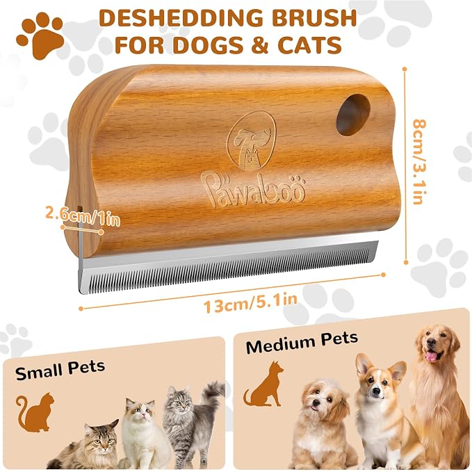 Pawaboo Deshedding Brush for Dogs & Cats, Dog Hair Removal Comb | Grooming Shedding Brush with Ergonomic Gripping for Short Hair Dogs and Cats, Hangable Pet Cleaning Comb Supplies, 5.1 Inch