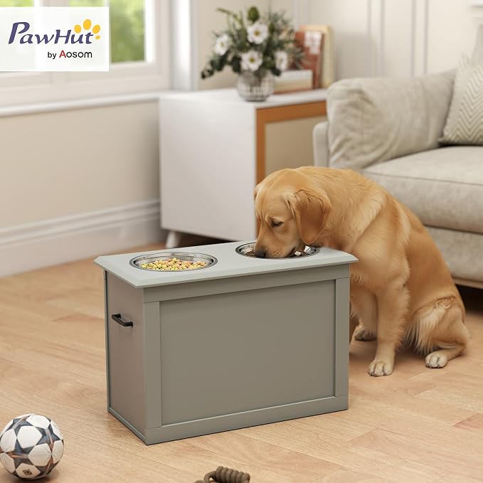 PawHut Raised Pet Feeding Storage Station with 2 Stainless Steel Bowls Base for Large Dogs and Other Large Pets, Gray | with2 Stainless Steel Bowls Base for Other Large Pets