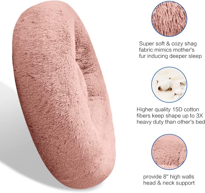 SAVFOX 45 inches Calming Donut Dog Bed - 3X Durable Plush Faux Fur, Machine Washable & Non-Slip, Fits up to 150 lbs, Pink