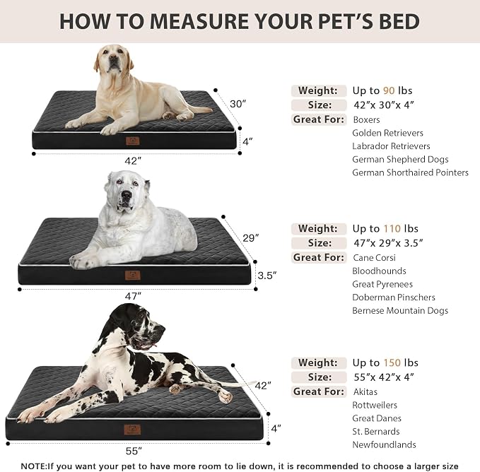 WNPETHOME Orthopedic Waterproof Extra Large Senior Dogs Bed for Comfy Sleep | XL Washable Ped Bed with Removable Cover, Multi-Needle Quilting XL Crate Bed for Large Sized Dog Relax, Black 42x30 Inch