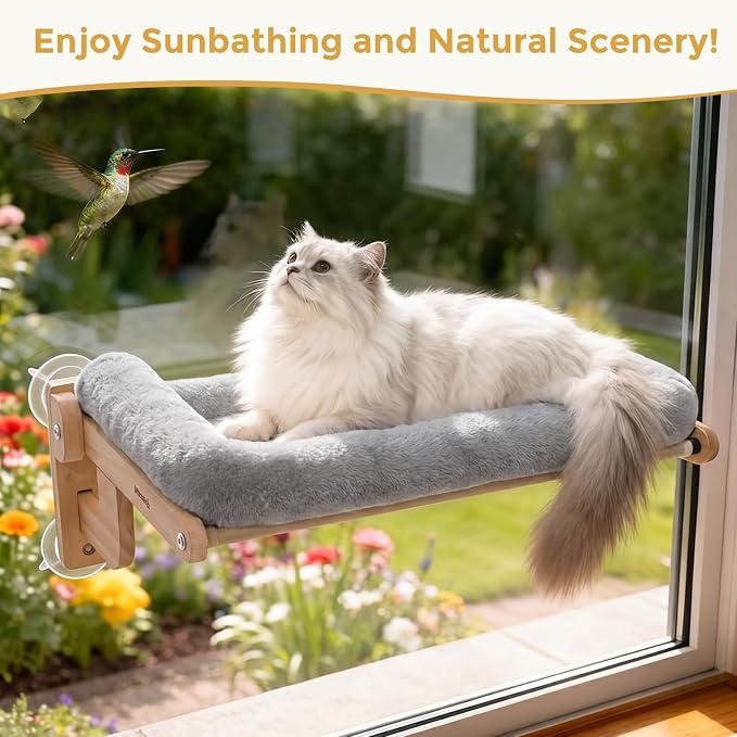 Pecute Cat Window Hammock Foldable, Cat Bed with Soft Cushion Grey, 26" L | Sturdy Wood Frame, Collapsible Large window perch with Strong Suction Cup for Indoor Cat, foldable Design, Soft Plush Surface