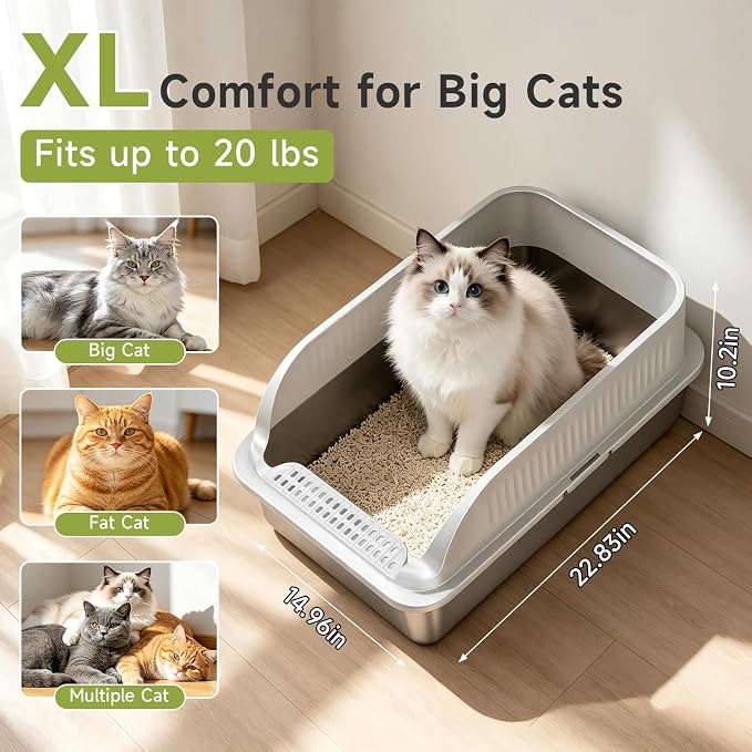 Stainless Steel Cat Litter Box with Lid, XL Extra Large High Sided Litter Box for Big Cats, Odor Free Open Top Litter Pan Easy Cleaning Anti-Urine Leakage Non-Stick, Includes Scoop, Light Grey