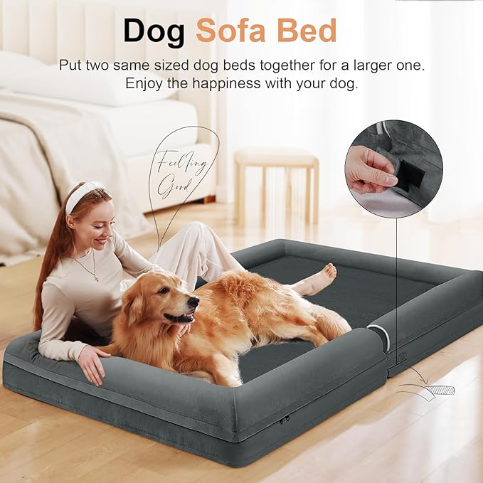 NANUYA Orthopedic Dog Bed for Jumbo Dogs, 53 x 42 Inch, Dark Grey | Egg crate foam for joint support, 3-sided bolster pet sofa, waterproof lining, washable cover, and non-skid base