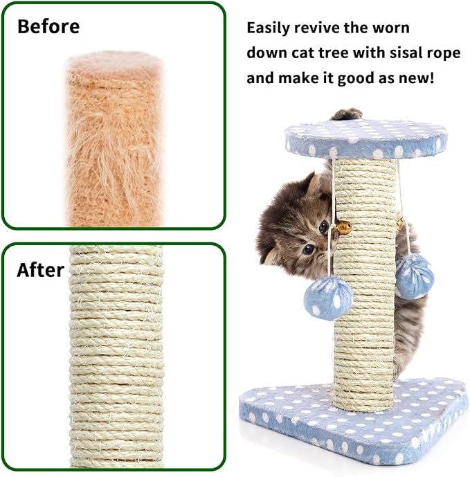 Natural Sisal Rope 1/4 Inch 6mm 98-Feet for Cat Scratching Post Tree Tower Replacement Repair and Replace, DIY Hemp Twine Rope for Cat Scratching Furniture Window Perch and Crafts Gardening