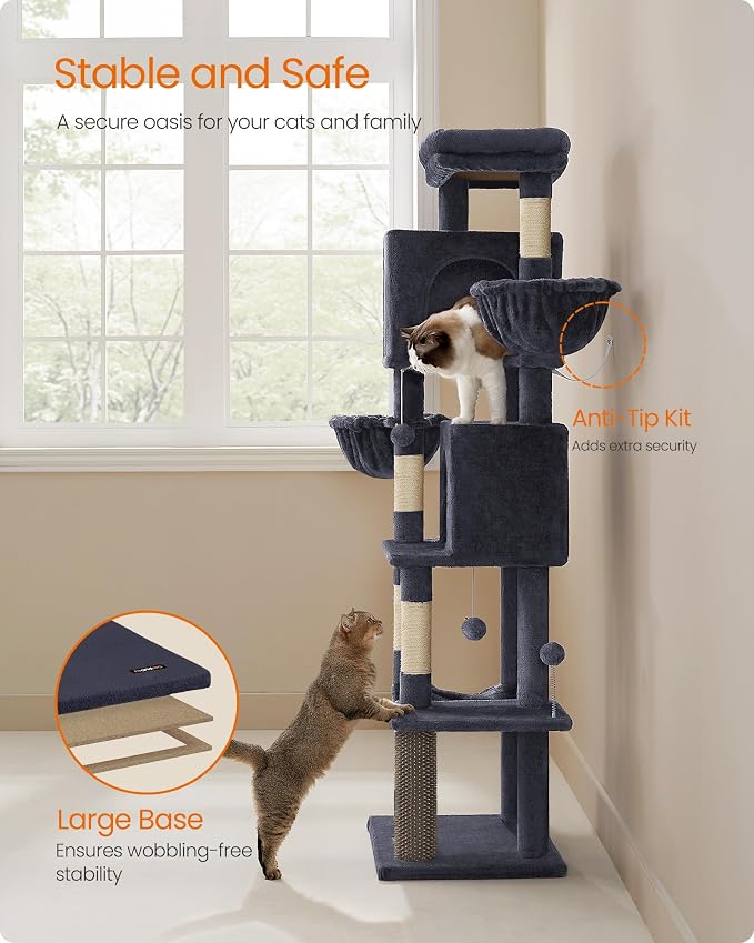 Feandrea Cat Tree, 69-Inch Tall Cat Tower, Multi-Level Plush Condo with 2 Caves, 2 Baskets, 5 Scratching Posts, Self-Groomer, Perch, Hammock, Dark Gray UPCT182G02