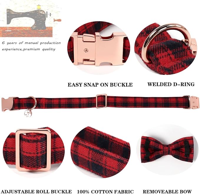 DOGWONG Christmas Dog Collar with Bow Tie, Red Plaid Dog Collar Durable Metal Buckle Adjustable Soft & Cute Red Gingham Dogs Collars for Small Medium Large Dogs, S