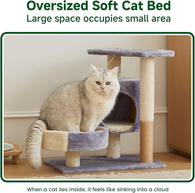 Cat Tree with Condo, Perch, and Scratching Posts, Gray and Beige, Multi-Level Tower with Hanging Toy