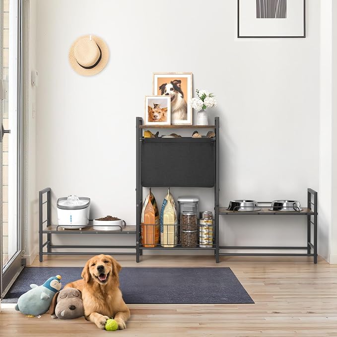 Lomivra Dog Feeding Station with 2 Elevated Bowl Stands & Large Storage | For 2-3 Dogs, 4 Adjustable Bowl Heights, Fit Large Medium Small Dogs, Fit All Bowl Types, Pull-Out Toy Bin, Dog Food Storage