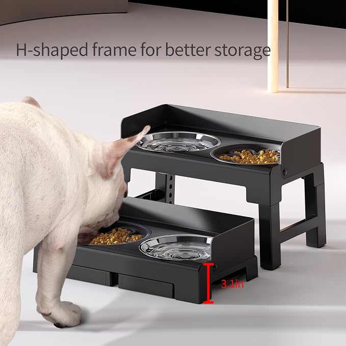 Elevated Dog Bowls for Medium and Large Dogs, Spill-Proof Tiltable Dog Feeder with Slow Feeder Bowl and Stainless Steel Water Bowl, 6-Height Adjustable Raised Dog Bowl Stand