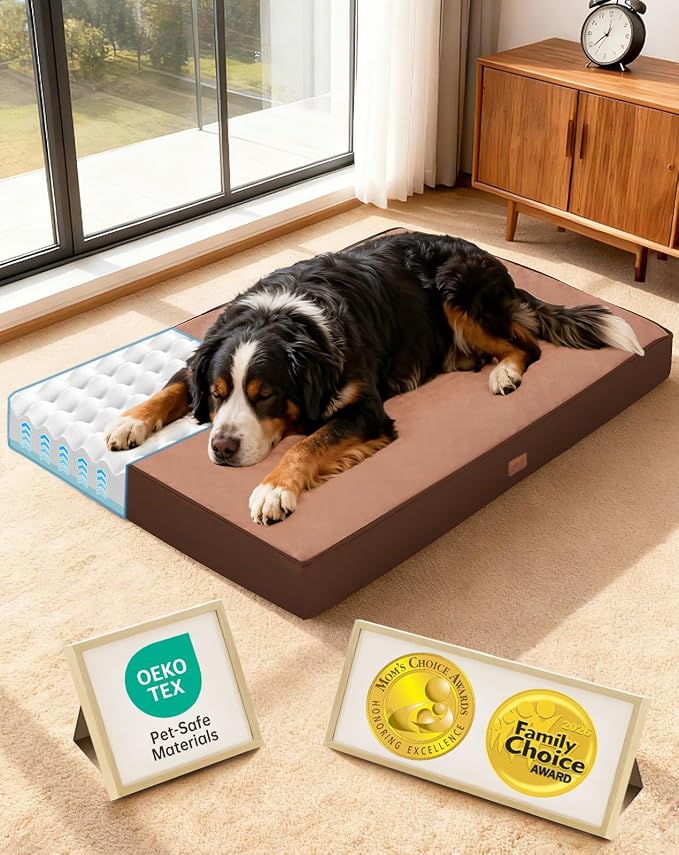 OhGeni Orthopedic Waterproof Dog Bed for Extra Large Dogs, Machine-Washable Removable Cover in Easy-Clean Fabric, Reversible Memory Foam & Easy-Carry Handle, Suitable for Crate, 47 inch (Brown)