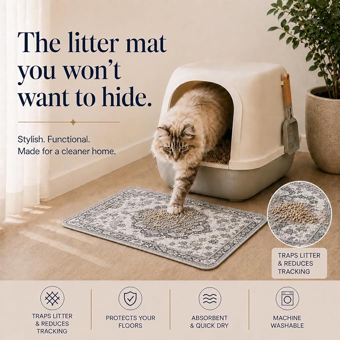 PUPIBOO Cat Litter Mat, Litter Trapping Mat, and Washable Cat Pee Pad | Cat litter box mat and cat food mat, 15x24in, 4-layer, OekoTex-, non-slip, washes up to 500 times