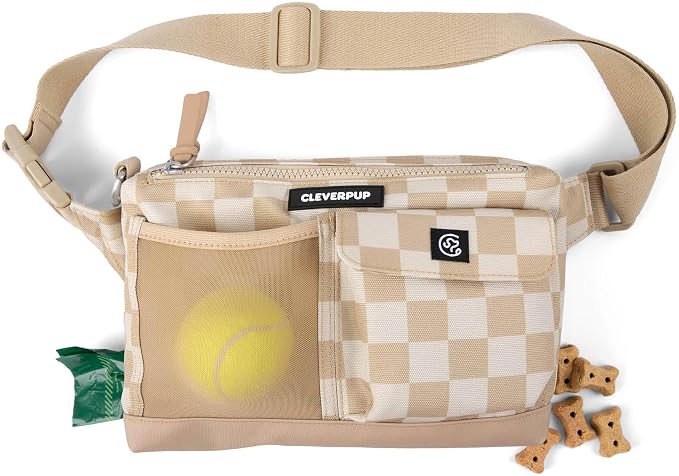 Walk & Train 2-in-1 Dog Walking Bag - Hands-Free Training Crossbody Sling & Fanny Pack with Treat Pouch, Poop Bag Holder, Phone Pockets - Adjustable Waist or Shoulder Strap - Checkerboard