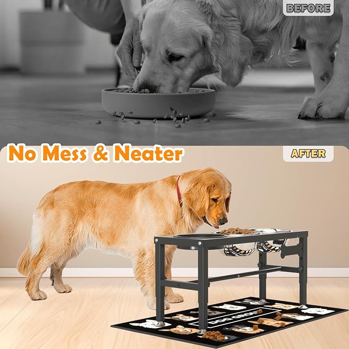3-in-1 Slow Feeder Dog Bowl Stand, Elevated Raised Feeder with 1 Slow Feed & 3 Stainless Steel Bowls, Iron Stand, Custom Name Plate & Mat - Easy Clean for Fast Eaters, Multiple Dogs