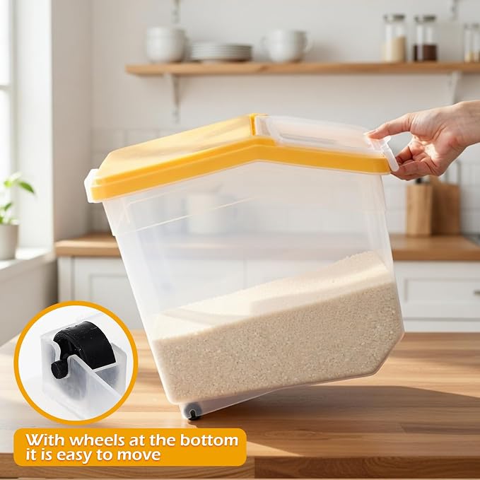Sunnyray 4 Pcs Rice Storage Container 38 lb Flour Container with Wheels Measuring Cup Clear Pet Food Bin Dog Bird Cat Food Bin Grain Cereal Organizer Box for Dry Baking Supplies(Yellow Lid)