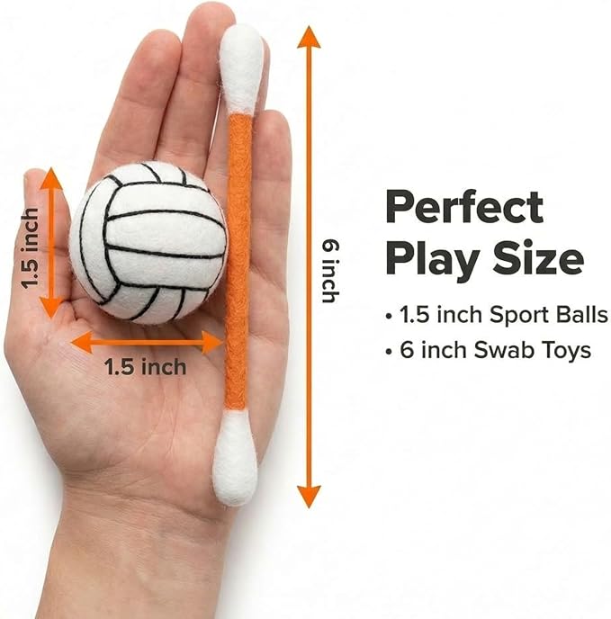 Glaciart One Cat Qtip Toy Set, 5 Pcs Wool Felt Cat Sport Balls (1.5 Inch) & 6 Pcs Cotton Swab Cat Toys, Natural Wool Cat Toys for Indoor Cats