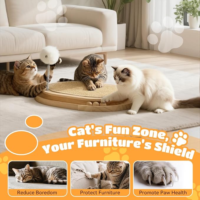 Cat Scratcher, Natural Sisal Scratching Pad, Kitten Interactive Toy with Ball Track & 3 Spring Plush Toys for Chasing Hunting Exercise, Round Wooden Cat Scratchers for Indoor