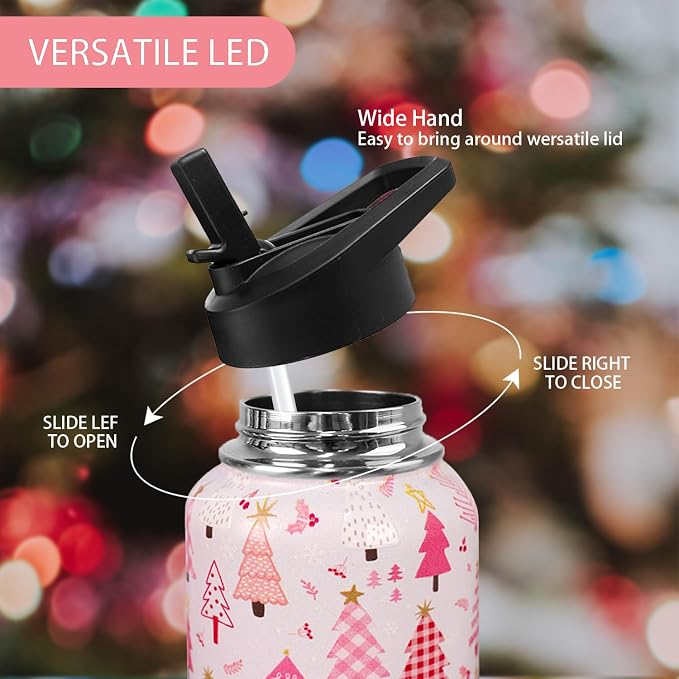 32oz Christmas Tree Insulated Aater Water Bottle with Straw,Pink Gym Hiking Sports Coffee Mug Cup Water Bottles,Christmas Gifts for Women,Christmas Decor Stuff Accessories