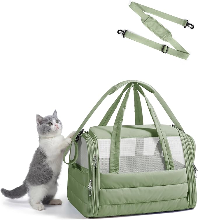 BAGSMART Cat Carrier: Soft-Sided Pet Carrier for Small Medium Cats Dogs Puppy Quilted Collapsible Puffy Travel Bag Up to 20 Lbs Sage Green