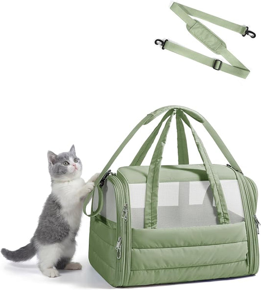BAGSMART Cat Carrier: Soft-Sided Pet Carrier for Small Medium Cats Dogs Puppy Quilted Collapsible Puffy Travel Bag Up to 20 Lbs Sage Green