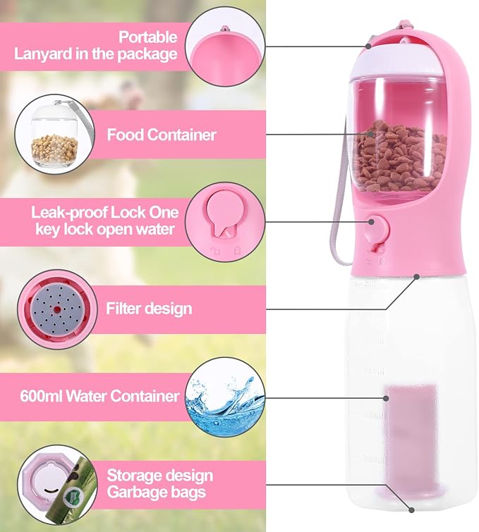 3-in-1 Portable Dog Water Bottle Dispenser,Crate with Food Container, Replaceable Waste Bags,Dog Stuff Accessories Items, Puppy Essentials Necessities,for Walking&Hiking (20oz-Pink)