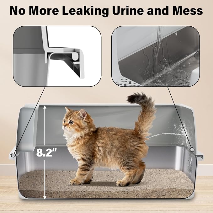 Stainless Steel Litter Box with Lid, Metal Litter Box High Sides, Low Entry Litter Boxes with Scoop and Mat,Non-Stick,Anti-Leakage,Easy to Clean Litterbox for Small to Medium Cats