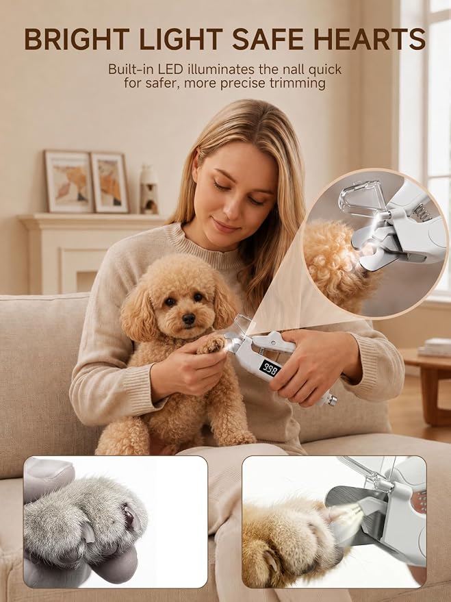 Dog Nail Clippers with Light, 2-in-1 Nail Clipper & Grinder Trimmer for Large Medium Small Dogs Cats, USB Rechargeable, Dual LED Quick Sensor & Safety Guard Portable Home Pet Grooming Tool