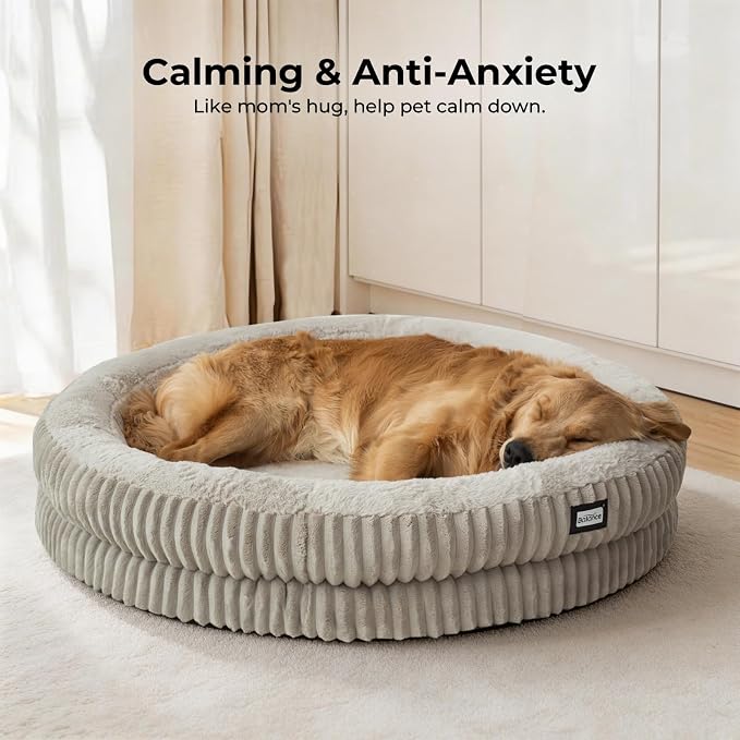 BALANCE Donut Dog Bed, 43 Inches Round Dog Bed Extra Large Size Dogs Washable, Orthopedic Calming Dogs Beds for Kitten, Fluffy Plush Faux Fur Pet Bed with Anti-Slip Bottom