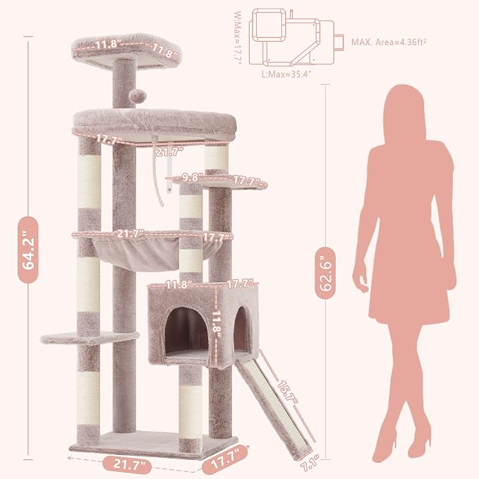 Heybly 64.2" Heavy-Duty Cat Tree for Large Cats with Wide Base HCT027MU | Indoor Cat Tower with Scratching Posts & Board, Cat Furniture with Big Platforms, Extra-Large Hammock, Rosy Brown