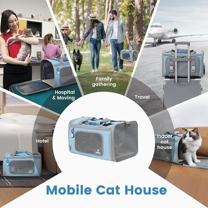 Pawaii Cat Carrier Airline Approved Expandable Breathable Safety Leash | Up to 13 lbs, 16.9 x 10.6 x 10.6 in, QR pet ID tag, top entry, luggage sleeve, soft fleece pad, foldable storage