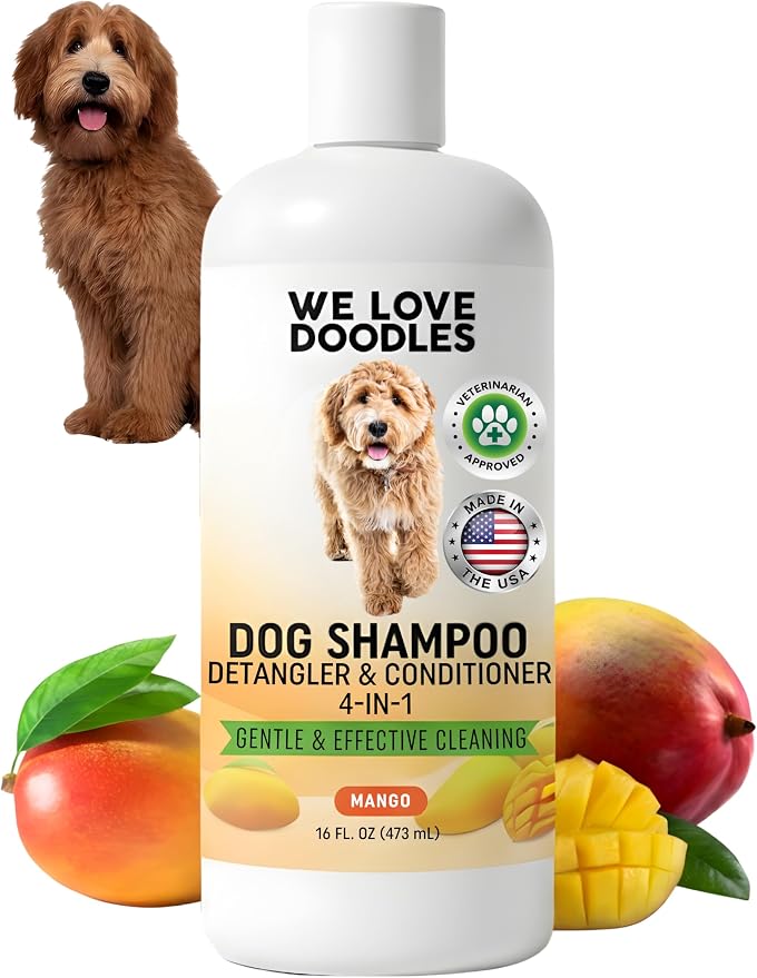 Dog Shampoo, Conditioner & Detangler, Hypoallergenic, Tearless, Mango, 16OZ | For Sensitive Itchy Skin, Hypoallergenic, Tearless, Best Shampoo For Smelly Dogs, Goldendoodle, Poodle & Doodle, Made in USA