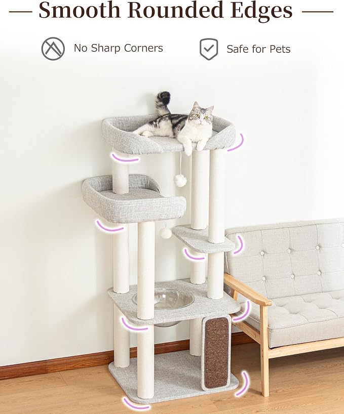Cat Tree for Large Cat, Modern Senior Friendly Cat Tower with Wide Shelves Low Step, Cotton Scratching Posts, Super Sturdy Base, Cozy Perches, and Interactive Toys (Gray)