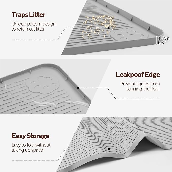 Silicone Cat Litter Mat for Litter Box 40”x40” Large Cat Mat, Light Grey | Waterproof, Non-Slip, Leak-Proof Rug Mat with Lip, Easy to Clean, Extra Large Litter Catcher Mat for Floor