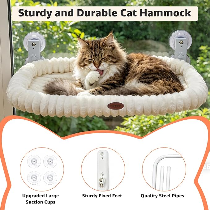 Cat Window Perch for Window with Solid Metal Frame and Ultra Soft Machine Washable Bed with 4-Sided Bolster, 4 Strong Suction Cups Window Resting Seat,Cordless Foldable Cat Hammock Bed