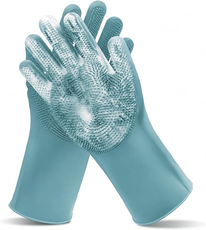 Pet Grooming Gloves—Dog Washing Gloves with High-Density Teeth, Dog Bath Scrubber with Enhanced Five Finger Design, Silicone Gloves for Dogs and Cats Bathing, Massage (Gray Blue)