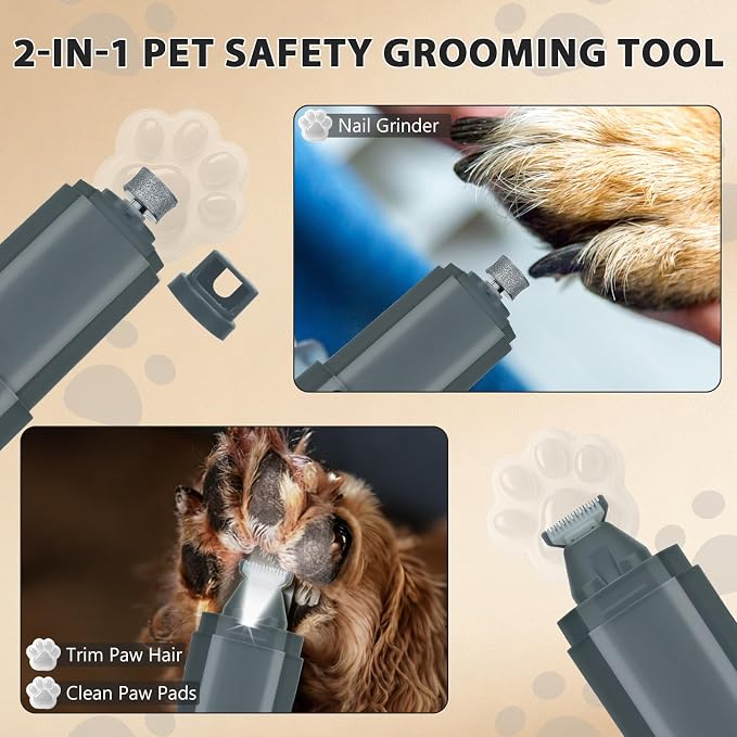 Dog Nail Grinder Quiet, 2-in-1 Paw Pad Trimmer with Light for Pets | 50dB Safe Electric Painless Grooming, 3 Grinding Ports for Paws, Faces, Ears and Body of Small & Medium Cats and Dogs