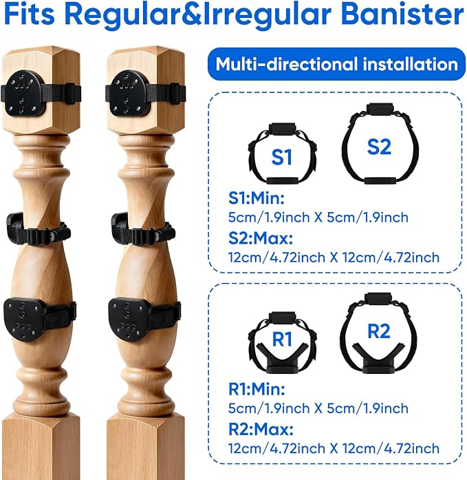 2Pcs Baby Gate Stair Railing Banister Adapter, Mounting Kit for Stairway | Fits 1.9-4.72'' Diameter Universal Banisters, Wide Square/Round Railings No-Drill for Most Gates,Adjustable Fixed Strap,Black