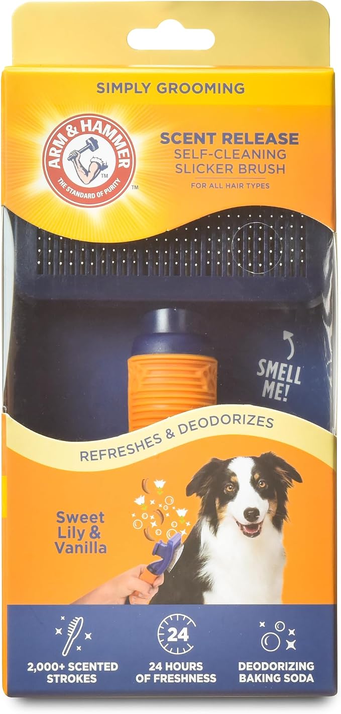 Arm & Hammer Deodorizing Slicker Dog Brush, Sweet Lily & Vanilla, 2-Pack | Fragrance transfer technology, baking soda infused, self-cleaning button, removes loose fur and tangles