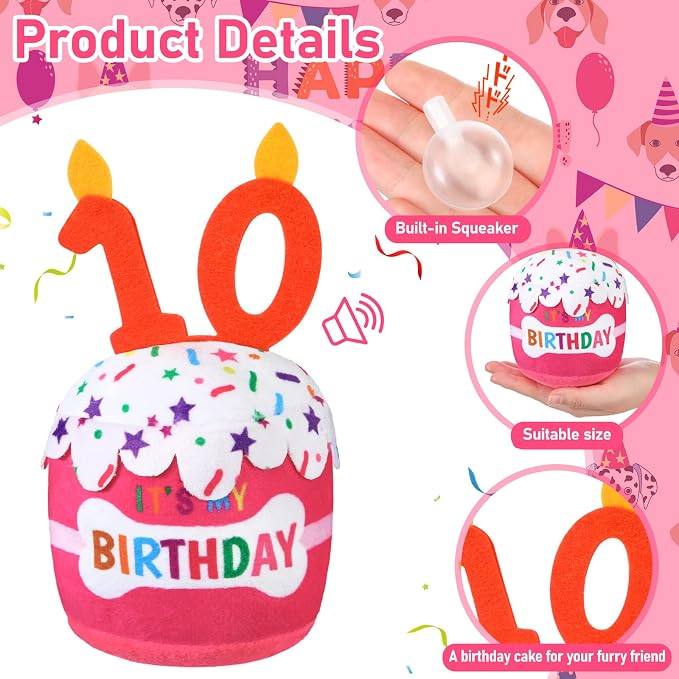 Dansydaisy Dog Birthday Cake Toy Squeaky Plush Toy for Girl Boy Gifts, Chew Accessories for Dog Birthday Party Decor Favor for Large, Medium and Small Dogs(10th,Pink)