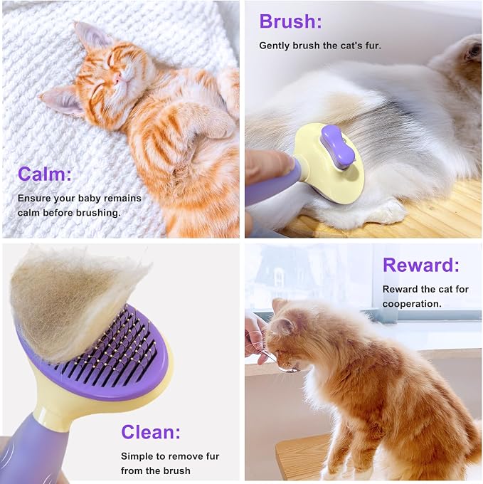 Cat Brush for Grooming and Shedding, Self-Cleaning Silicone Brush for Short and Long Haired Cats, Cat Gifts for Pet Lovers (purple) | For Indoor Cats,Removes Loose Hair,Reduces Shedding,Soft Rounded Tips,Ergonomic Silicone Handle,Gentle Massage,Easy Gr...
