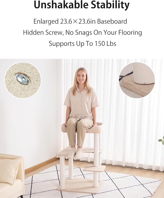 Cat Tree for Large Cats, Modern Senior Friendly Cat Tower with Wide Shelves, Cotton Scratching Posts, Super Sturdy Base, Cozy Perches, and Interactive Toys for Indoor Kittens, 37.4'' Ivory.