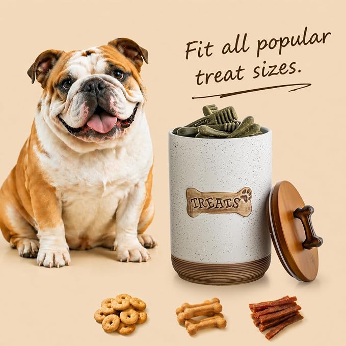 Miamolo Dog Treat Jar Ceramic Dog Treat Container with Wooden Lid, 8 Cups Airtight Dog Food Storage Container for Countertop, Farmhouse Dog Biscuit Jar Gift for Dog Lovers - Bone Dotted White