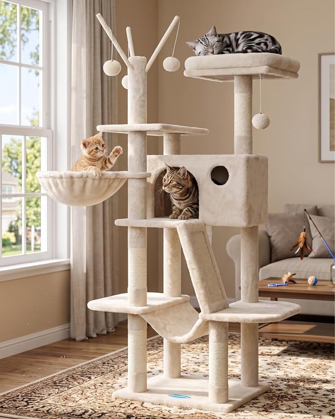 Hey-brother Cat Tree Tower with Padded Platform Bed, Hammock, MPJ019-SM | 53 Inches Cat House with Large Cozy Condo, Toy Balls and Sisal Scratching Posts for Indoor Multi-Cats, Beige