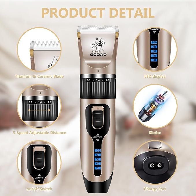 Dog Clippers Grooming Kit and Paw Trimmer for Heavy Thick Hair&Coats | 3-in-1 Clipper+Paw Trimmer+Nail Grinder, <60dB Quiet, Cordless,LED Display, 4 Guide Combs, Detachable Titanium-Ceramic Blade