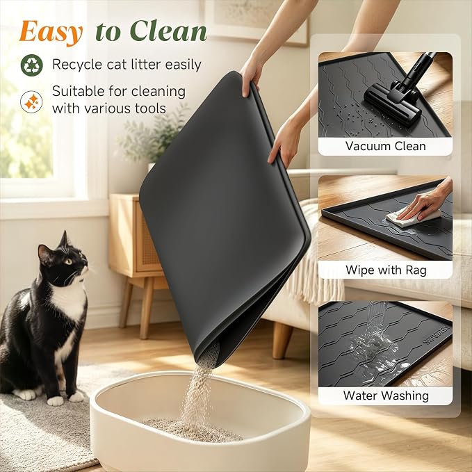 Songrey Silicone Cat Litter Mat 24" x 16", Large Litter Trapping Mat, Black | Waterproof, Urine-Proof Litter Box Mat for Floor, Soft on Kitty Paws, Easy To Clean, Cat Supplies, Pet Feeding Mat