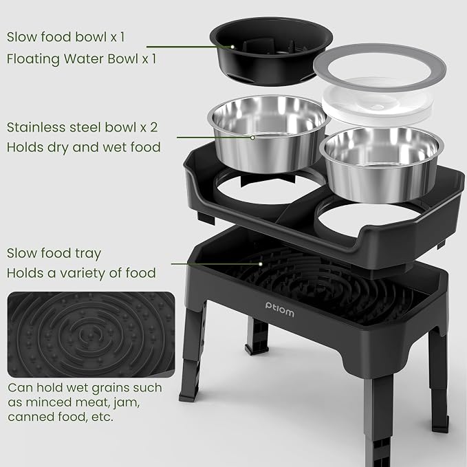 4-in-1 Elevated Slow Feeder Dog Bowls, 4 Height Adjustable Mess Proof Raised Dog Bowl Stand with No Spill Dog Water Bowl, Stainless Steel Dog Food Bowl & Slow Feeder for Large Medium Small Dogs Pets