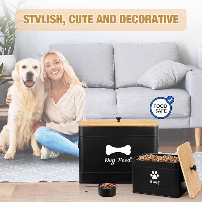 Newtay 2Pcs Extra Large Metal Dog Food Containers Airtight 12 & 3.5 Lbs Dog Treat Snack Jars Set of 2 with Bamboo Lids and Spoons Farmhouse Big Pet Cookie Storage Jars for Kitchen Counter Gift(Black)