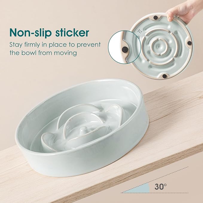 vancasso Slow Feeder Dog Bowl, 1.5 Cups Ceramic Dog Food Dish for Fast Eaters Medium Breed, Puzzle Bowl for Small Dogs and Cats, Grayish Cyan