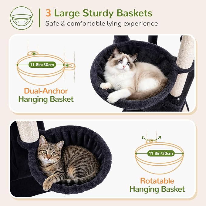 Globlazer 77in Cat Tree Tower for Indoor Cats Large Adult, F77, Dark Grey | Heavy Duty Multi-level Climbing Tower with 6 Scratching Posts & Board, 2 Roomy Condos, 2 Padded Perches, 3 Sturdy Baskets